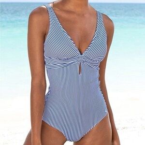 NWOT Lascana Striped Blue White One Piece Bathing Suit Swimsuit Sz 12C/D